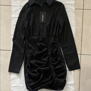 PrettyLittleThing Black Ruched Long Sleeve Dress